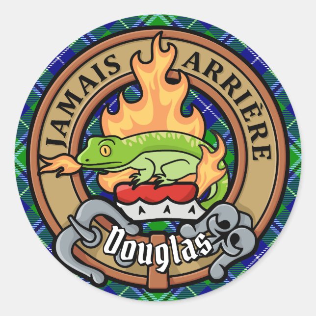 Clan Douglas Wappen über Tartan Runder Aufkleber (Vorderseite)