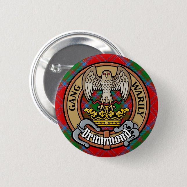 Clan Drummond Wappen über Tartan Button (Vorne & Hinten)
