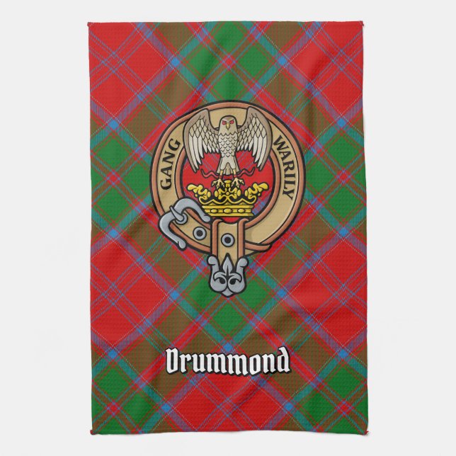 Clan Drummond Wappen über Tartan Geschirrtuch (Vertikal)