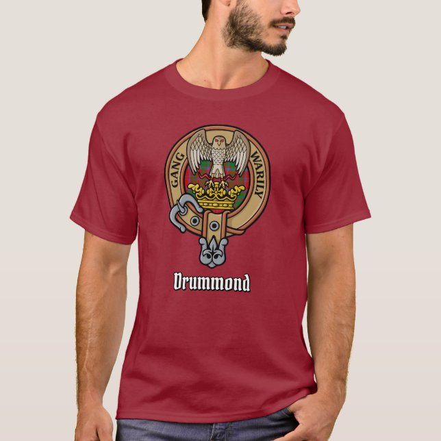 Clan Drummond Wappen über Tartan T-Shirt (Vorderseite)