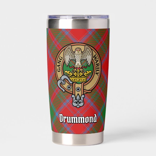 Clan Drummond Wappen über Tartan Thermobecher (Vorderseite)