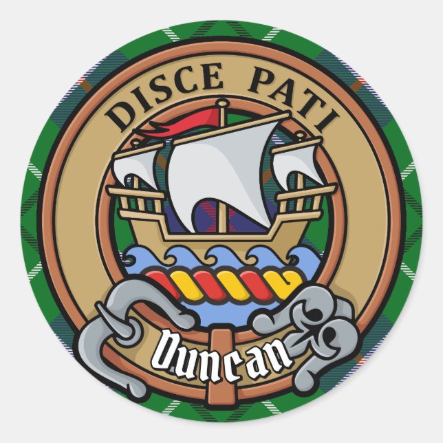Clan Duncan-Wappen über Tartan Runder Aufkleber (Vorderseite)