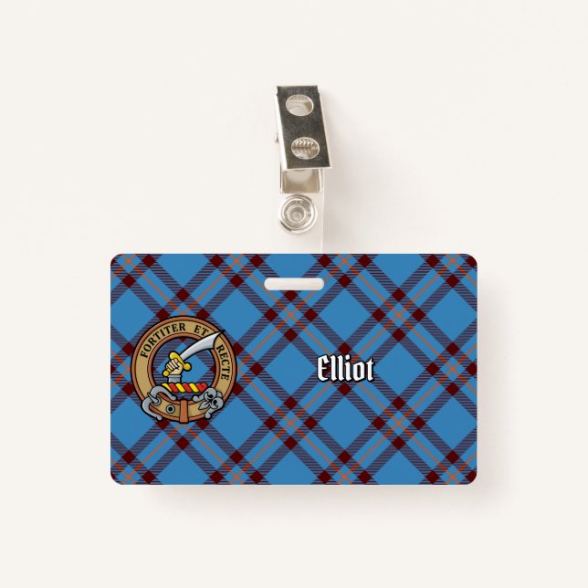 Clan Elliot Wappen über antikes Tartan Ausweis (Vorderseite mit Klammer)