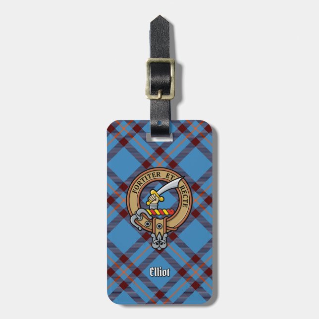 Clan Elliot Wappen über antikes Tartan Gepäckanhänger (Vorderseite vertikal)