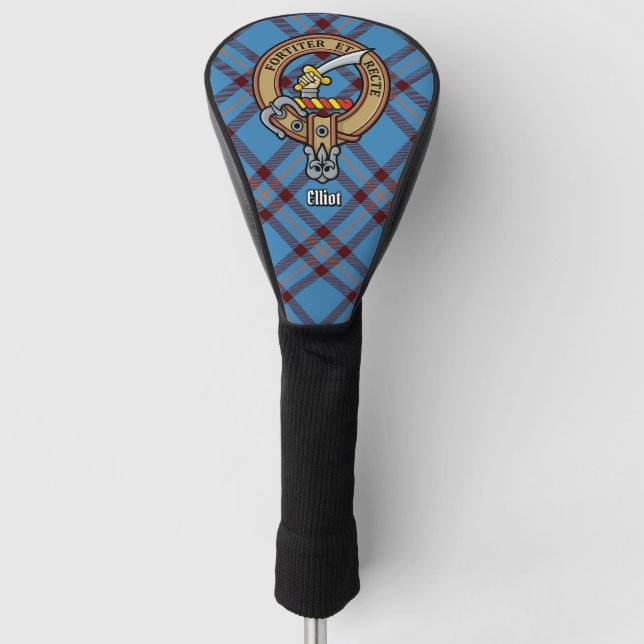 Clan Elliot Wappen über antikes Tartan Golf Headcover (Vorderseite)