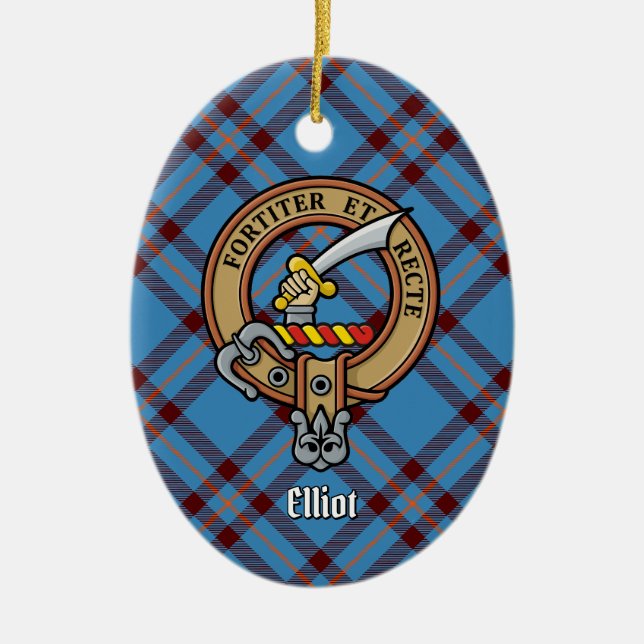 Clan Elliot Wappen über antikes Tartan Keramik Ornament (Vorne)