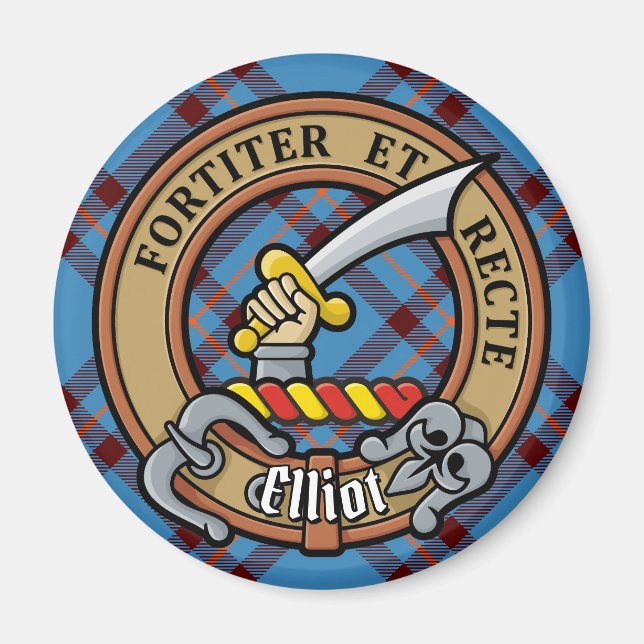 Clan Elliot Wappen über antikes Tartan Magnet (Vorne)