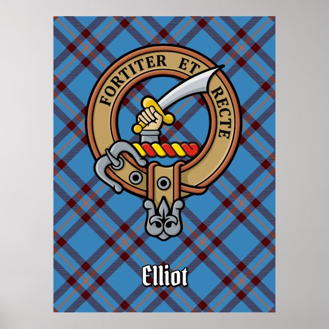 Clan Elliot Wappen über antikes Tartan Poster (Vorne)