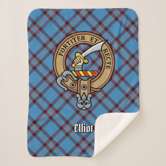 Clan Elliot Wappen über antikes Tartan Sherpadecke (Vorderseite)