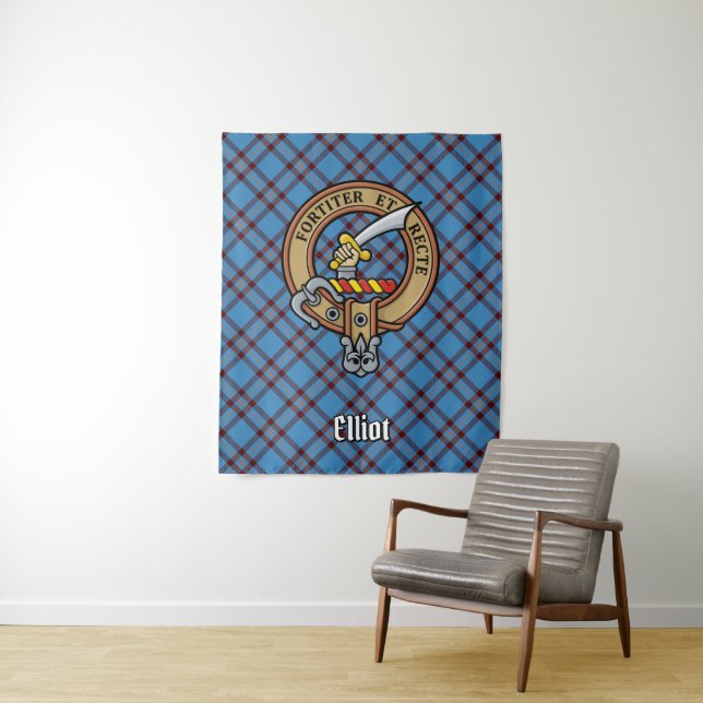Clan Elliot Wappen über antikes Tartan Wandteppich (Beispiel)