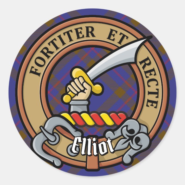 Clan Elliot Wappen über das moderne Tartan Runder Aufkleber (Vorderseite)