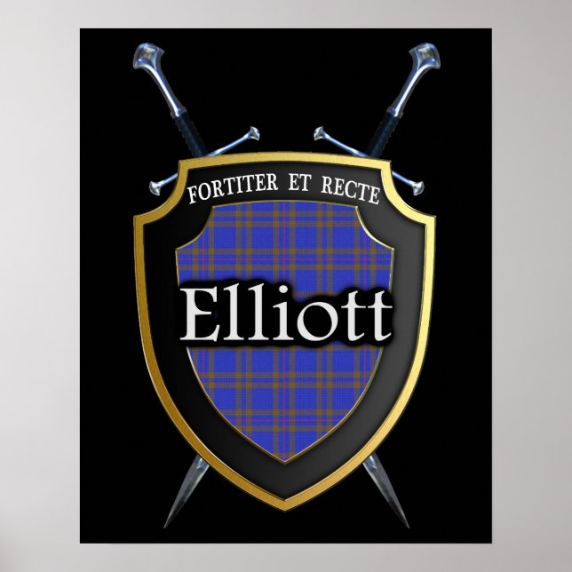 Clan Elliott Tartan Scottish Shield & Schwerter Poster (Vorne)
