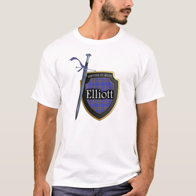 Clan Elliott Tartan Scottish Shield & Sword T-Shirt (Vorderseite)
