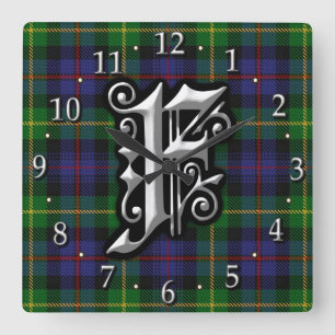 Clan Farquharson Letter F Monogram Tartan Quadratische Wanduhr