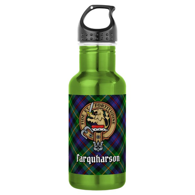Clan Farquharson Wappen über Tartan Edelstahlflasche (Vorderseite)