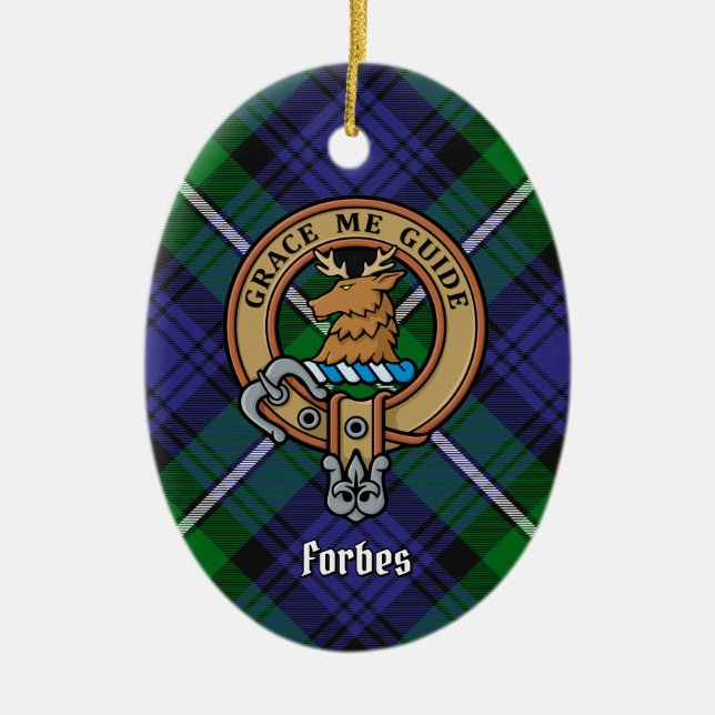 Clan Forbes Wappen über Tartan Keramik Ornament (Vorne)