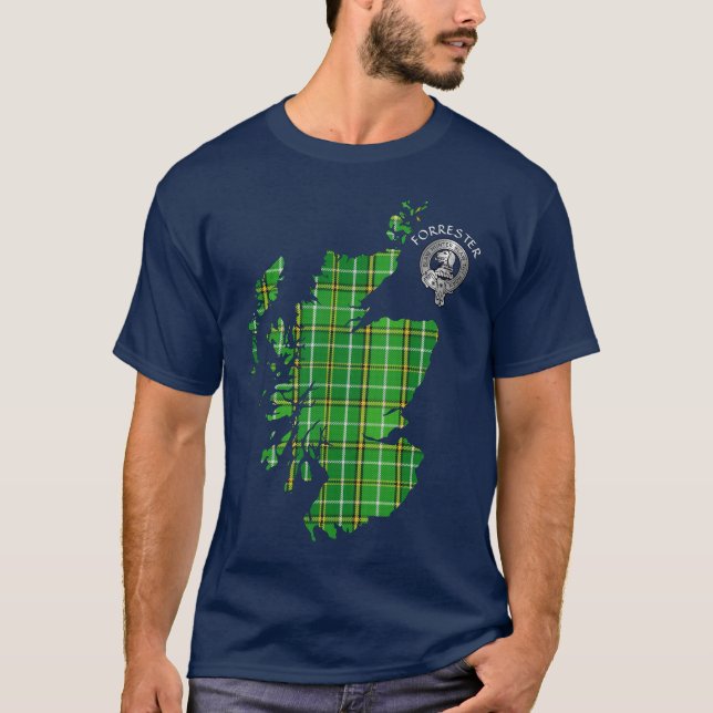 Clan Forrester Jagd Tartan Karte & Wappen T-Shirt (Vorderseite)