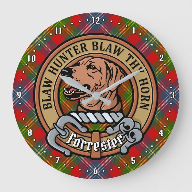 Clan Forrester Wappen über Tartan Große Wanduhr (Vorderseite)