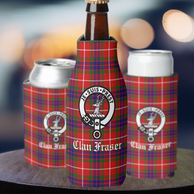 Clan Fraser Wappen Abzeichen und Tartan Flaschenkühler (Also available for standard and  seltzer cans.)