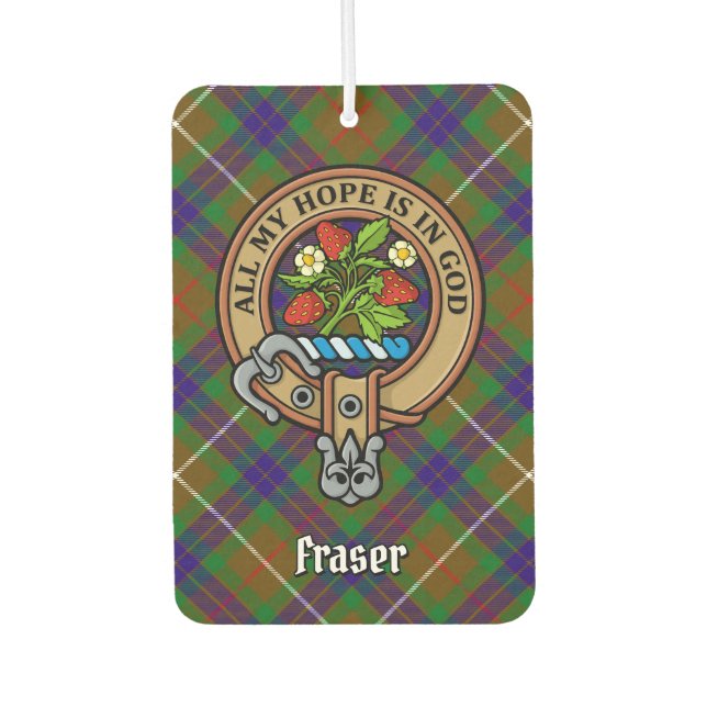 Clan Fraser Wappen über Jagd auf Tartan Autolufterfrischer (Vorderseite)
