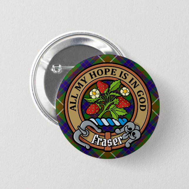Clan Fraser Wappen über Jagd auf Tartan Button (Vorne & Hinten)