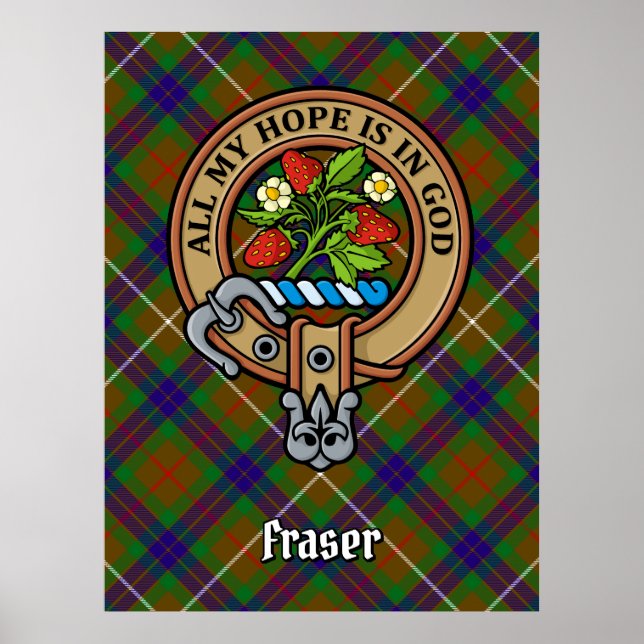 Clan Fraser Wappen über Jagd auf Tartan Poster (Vorne)