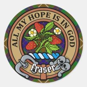 Clan Fraser Wappen über Jagd auf Tartan Runder Aufkleber