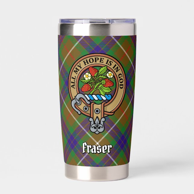 Clan Fraser Wappen über Jagd auf Tartan Thermobecher (Vorderseite)