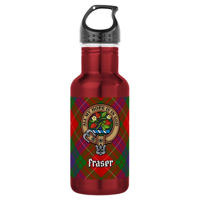 Clan Fraser Wappen über Tartan Edelstahlflasche (Vorderseite)