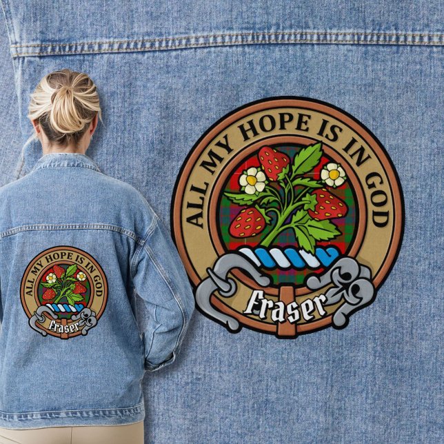Clan Fraser Wappen über Tartan Jeansjacke (Von Creator hochgeladen)