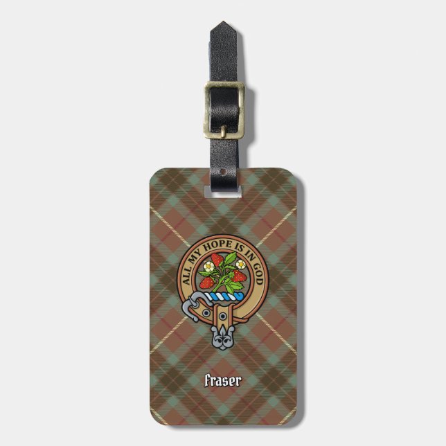 Clan Fraser Wappen über Wetterjagd Tartan Gepäckanhänger (Vorderseite vertikal)