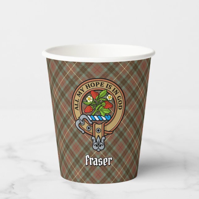 Clan Fraser Wappen über Wetterjagd Tartan Pappbecher (Vorderseite)