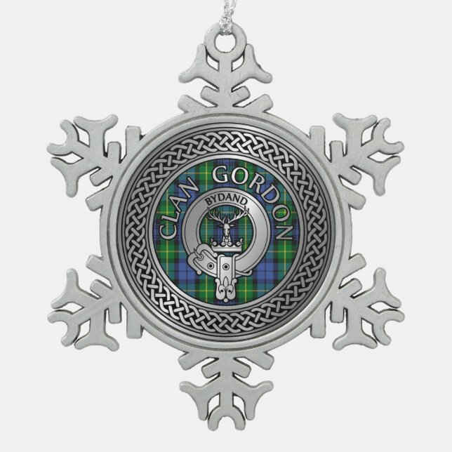 Clan Gordon Wappen & Tartan Knot Schneeflocken Zinn-Ornament (Vorderseite)