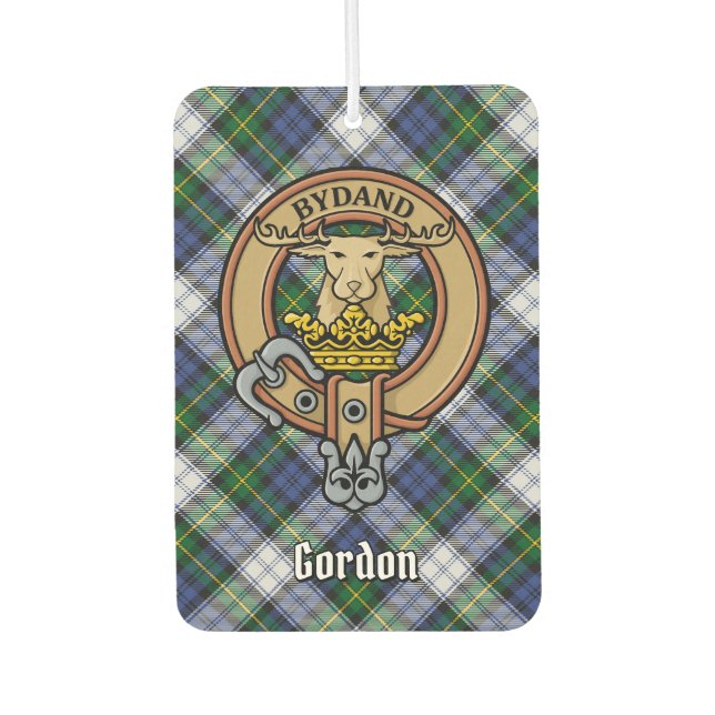 Clan Gordon Wappen über Dress Tartan Air Freshener Autolufterfrischer (Vorderseite)