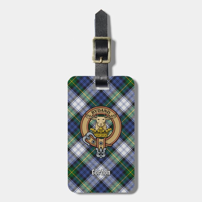 Clan Gordon Wappen über Dress Tartan Gepäckanhänger (Vorderseite vertikal)