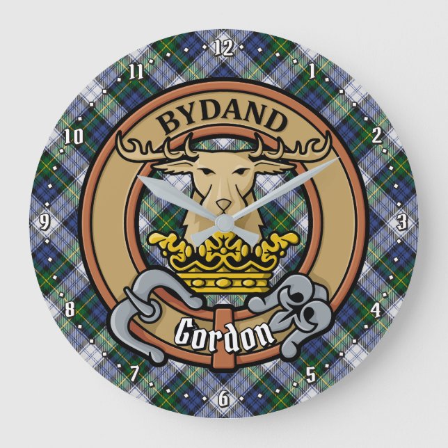 Clan Gordon Wappen über Dress Tartan Große Wanduhr (Vorderseite)