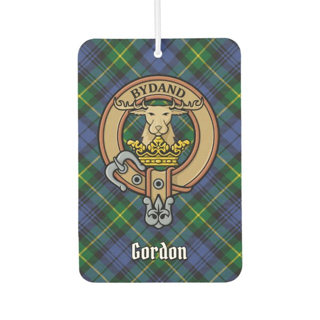 Clan Gordon Wappen über Tartan Air Freshener Autolufterfrischer (Vorderseite)