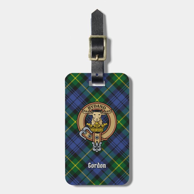 Clan Gordon Wappen über Tartan Gepäckanhänger (Vorderseite vertikal)