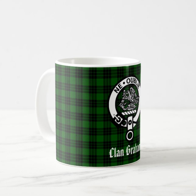 Clan Graham Wappen Abzeichen und Tartan Kaffeetasse (Vorderseite Links)