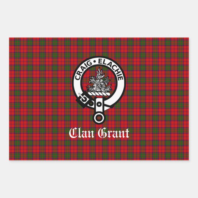 Clan Grant Wappen Abzeichen und Tartan Geschenkpapier Set (Vorderseite)