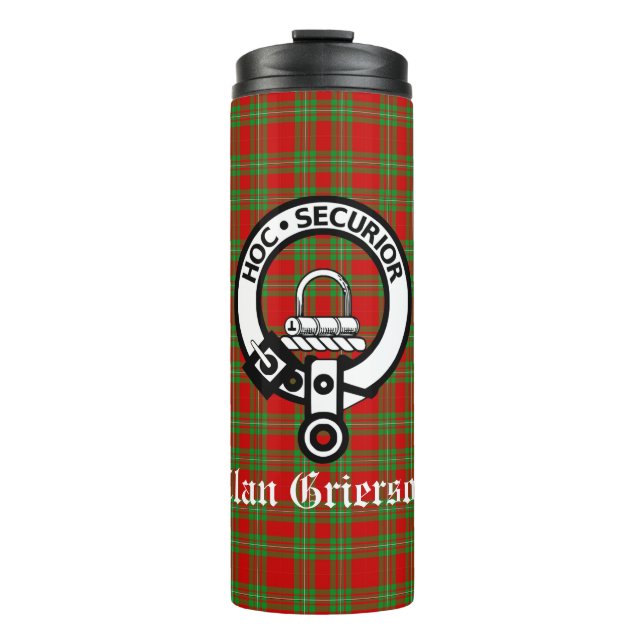 Clan Grierson Wappen Abzeichen & Tartan Thermosbecher (Vorderseite)