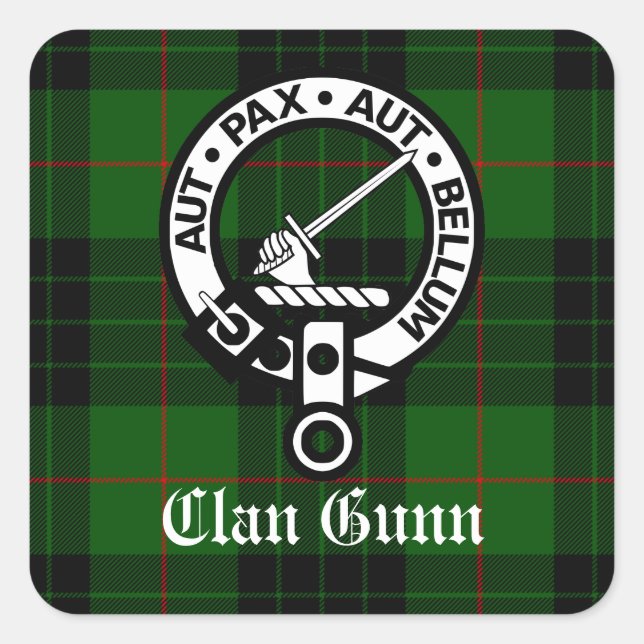 Clan Gunn Wappen Abzeichen und Tartan Quadratischer Aufkleber (Vorderseite)