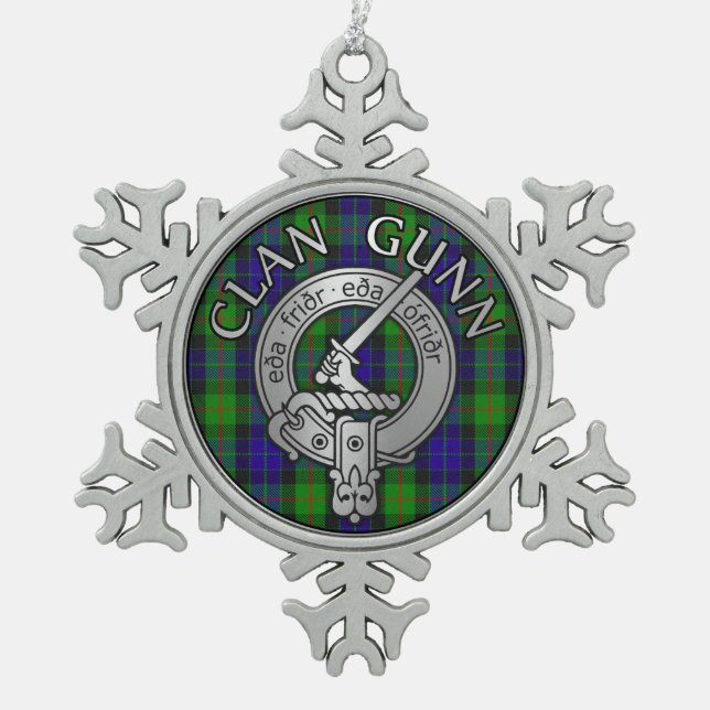 Clan Gunn Wappen & Tartan Schneeflocken Zinn-Ornament (Vorderseite)