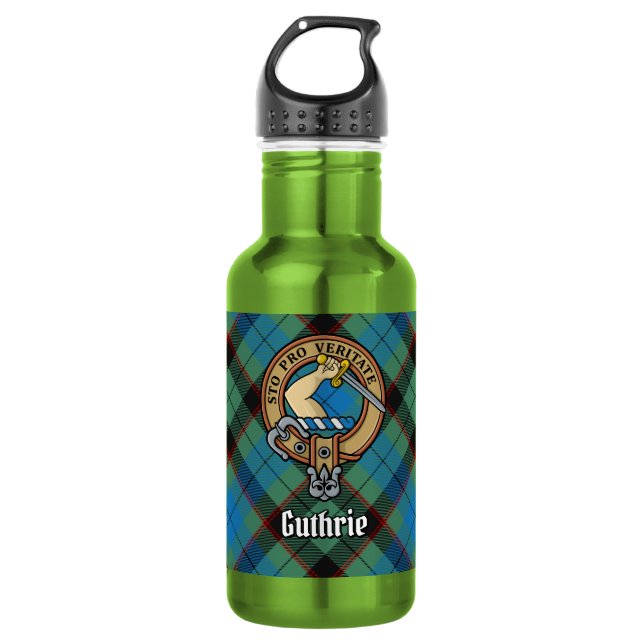 Clan Guthrie Wappen über Tartan Edelstahlflasche (Vorderseite)