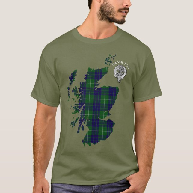 Clan Hamilton Jagd Tartan Karte & Wappen T-Shirt (Vorderseite)