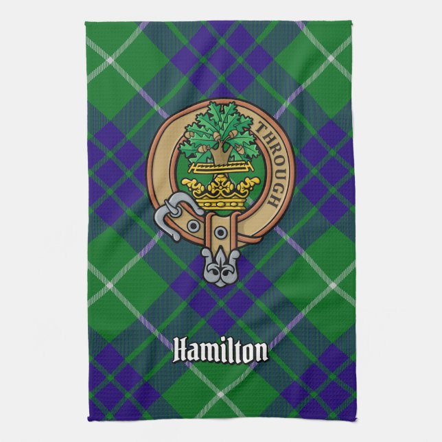 Clan Hamilton Wappen über Jagd Tartan Geschirrtuch (Vertikal)