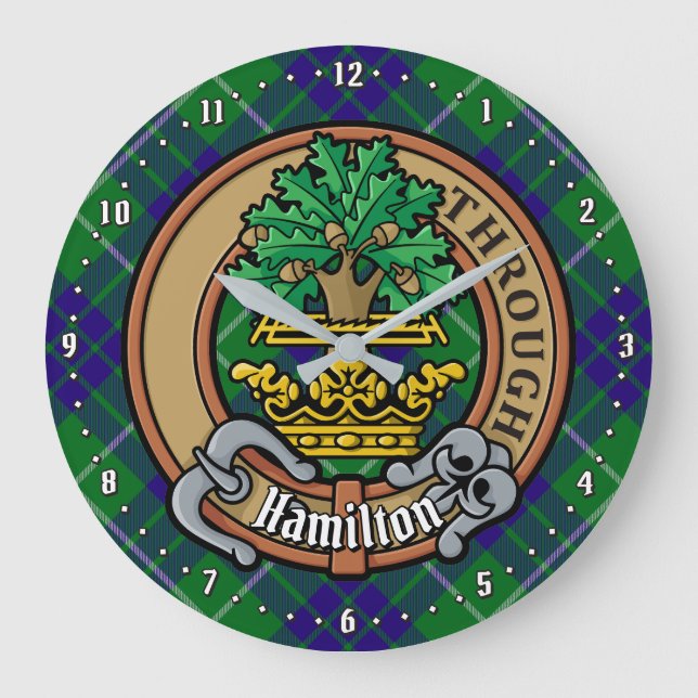 Clan Hamilton Wappen über Jagd Tartan Große Wanduhr (Vorderseite)