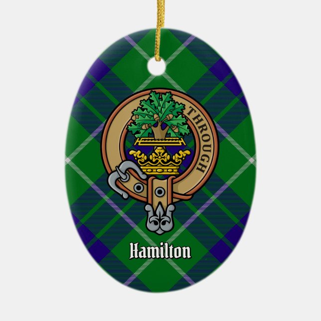 Clan Hamilton Wappen über Jagd Tartan Keramik Ornament (Vorne)