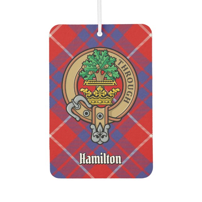 Clan Hamilton Wappen über Red Tartan Air Freshener Autolufterfrischer (Vorderseite)