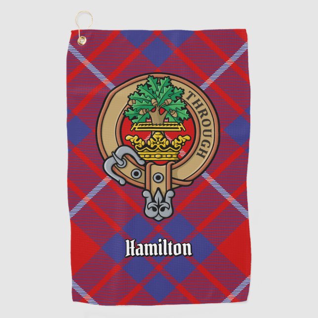Clan Hamilton Wappen über Red Tartan Golf Towel Golfhandtuch (Vorderseite)